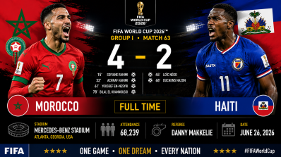 Morocco 4–2 Haiti, Mercedes-Benz Stadium, attendance 68,239, and referee Danny Makkelie.